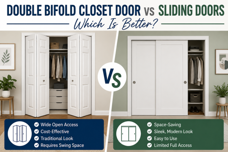 Double bifold vs sliding closet doors graphic.