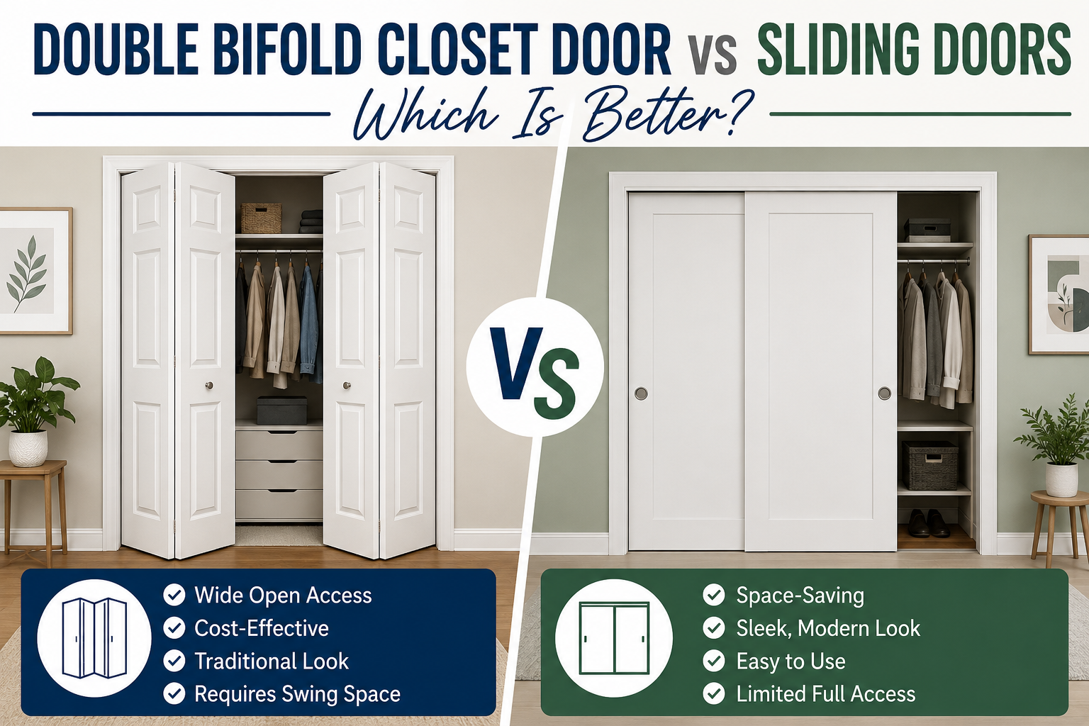 Double bifold vs sliding closet doors graphic.