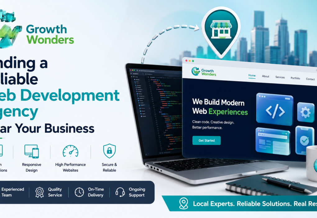 Professional team collaborating in a modern office while developing a website on multiple screens, representing a reliable web development agency near a business.