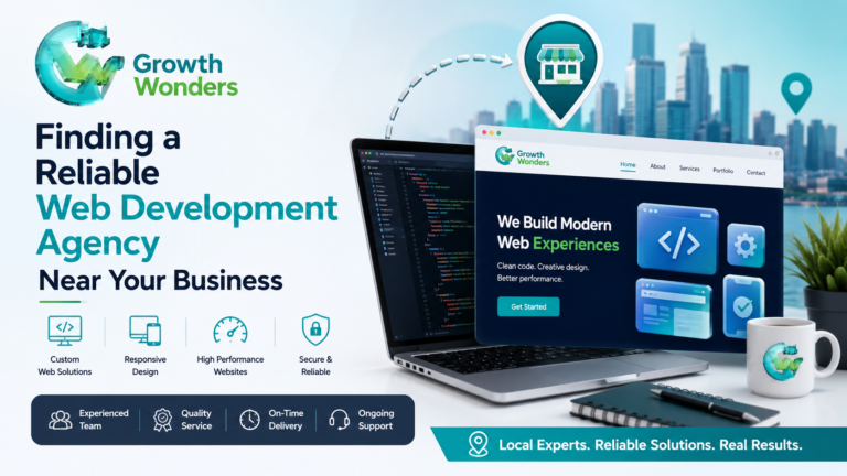 Professional team collaborating in a modern office while developing a website on multiple screens, representing a reliable web development agency near a business.