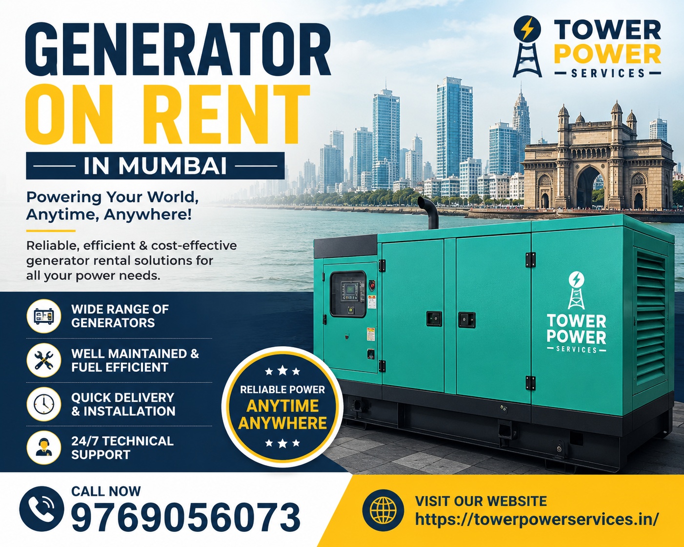 Generator on rent in Mumbai showing portable diesel generators set up for industrial and event power backup service.