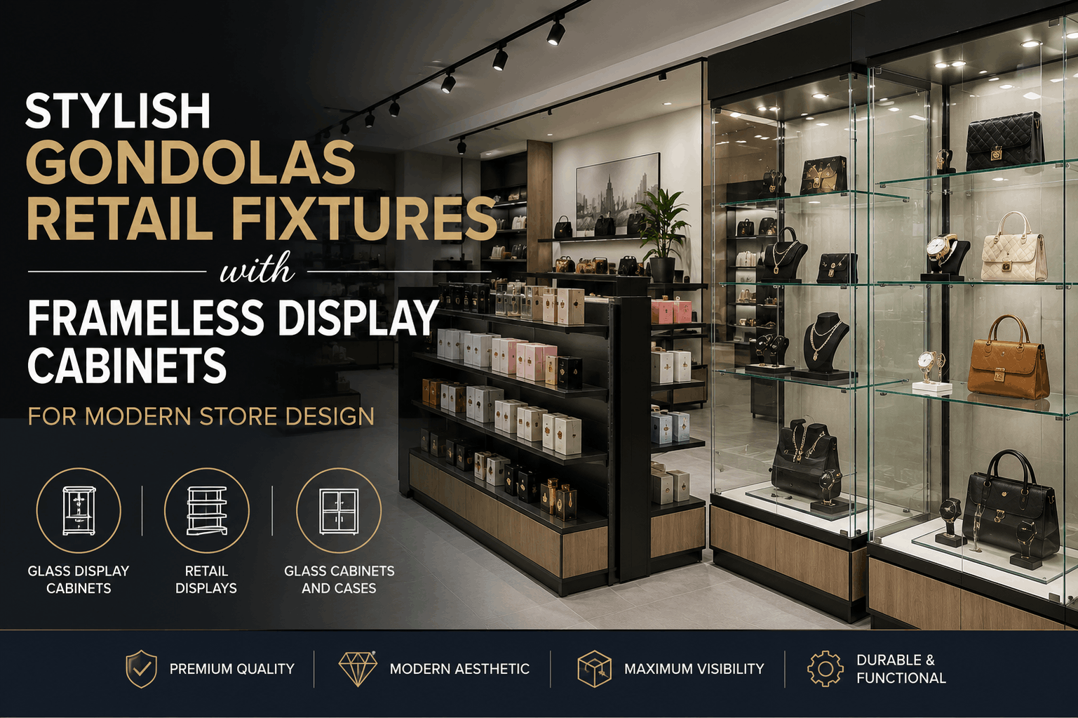 Stylish Gondolas Retail Fixtures with Frameless Display Cabinets for Modern Store Design