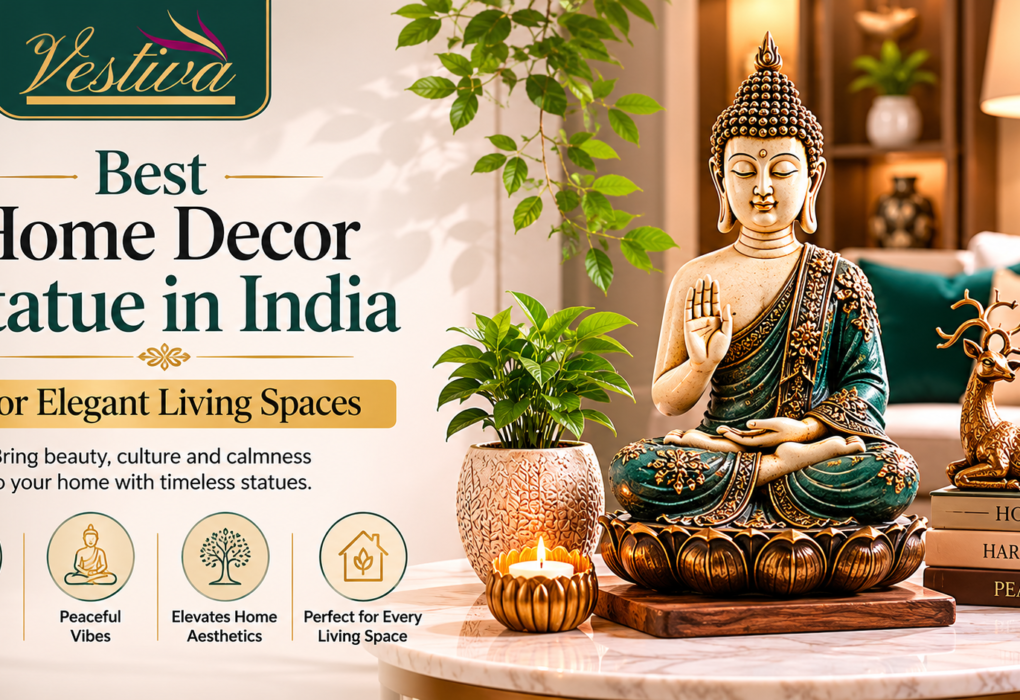 Elegant Buddha home decor statue placed in a modern living room with warm lighting and premium interior styling for luxurious Indian homes.