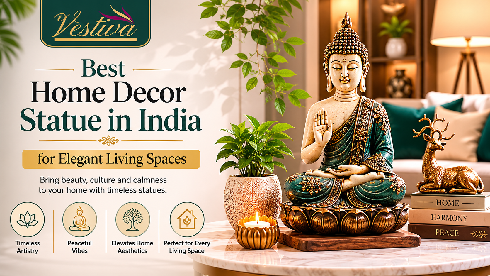 Elegant Buddha home decor statue placed in a modern living room with warm lighting and premium interior styling for luxurious Indian homes.