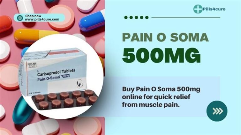 Pain O Soma 500mg Carisoprodol tablets by Pills4Cure for fast muscle pain relief and online purchase in the USA.